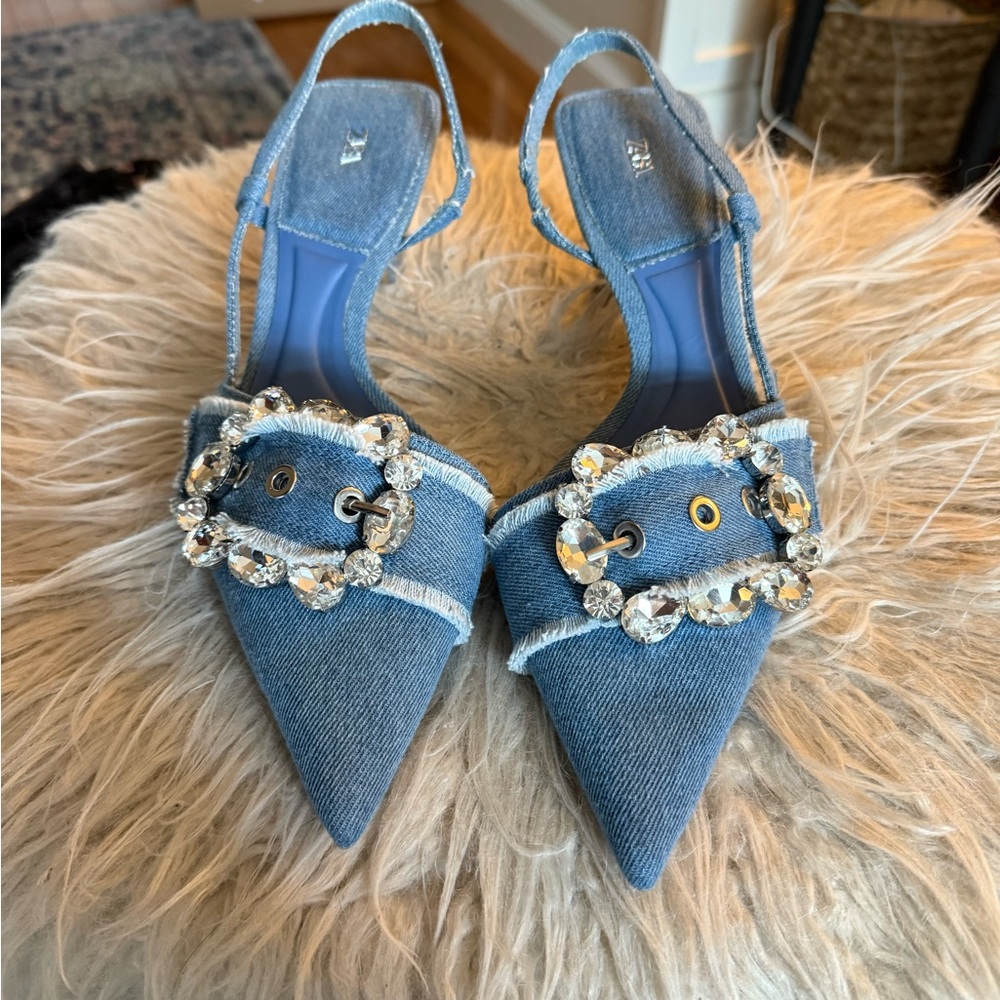 Zara Blue Denim Crystal Embellished Heels